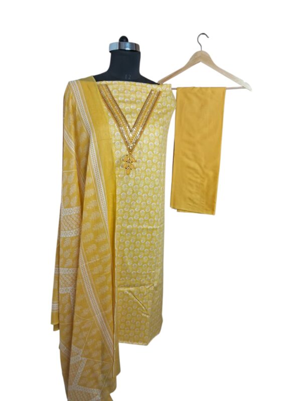 Yellow Colour V neck with embroidery Printed suit Plain Bottom Printed Dupatta