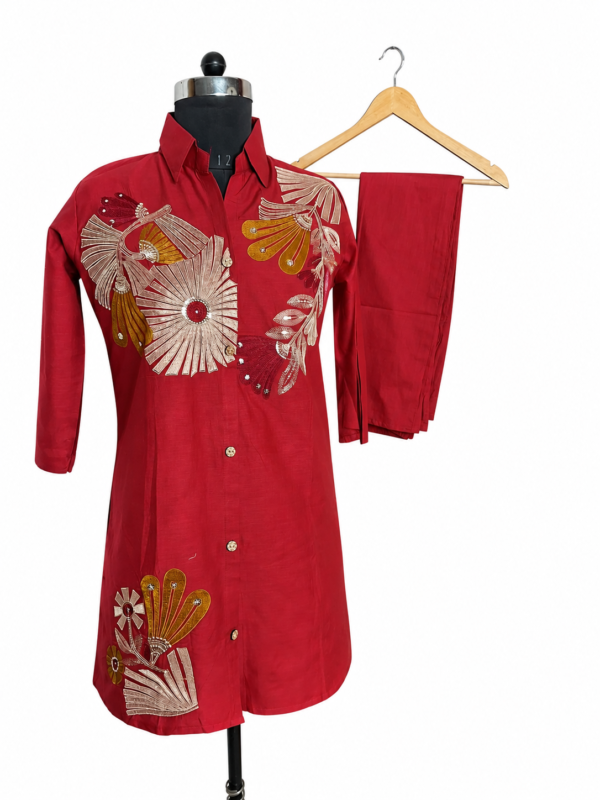 Rust Colour Cord Set with Zarry work embroidery with Half elastic pant
