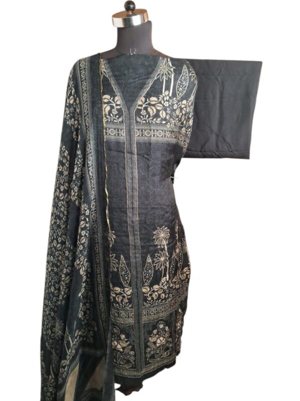 Black suit with self Print With Pure mull dupatta