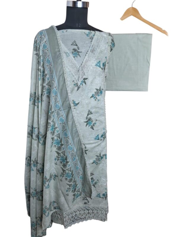Sea Green printed Dupatta with croatia Lace Plain Bottom