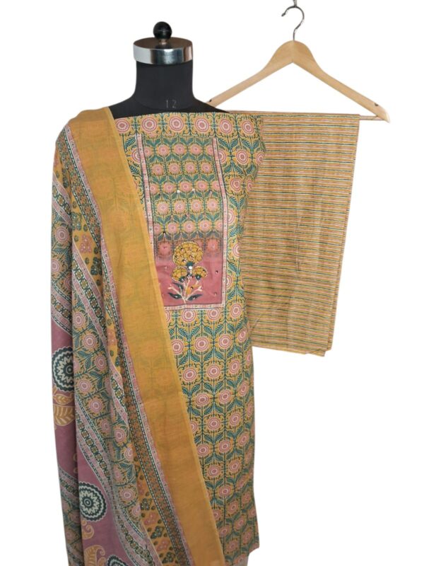 Printed Multi colour Suit with plain dupatta and Stripe bottom