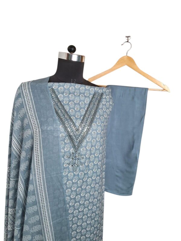 Grey Colour V neck with embroidery Printed suit Plain Bottom Printed Dupatta